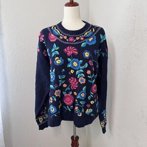 Vintage Carole Hanson Womens Sweater Grannycore Flower Embroidered 2x Colorful